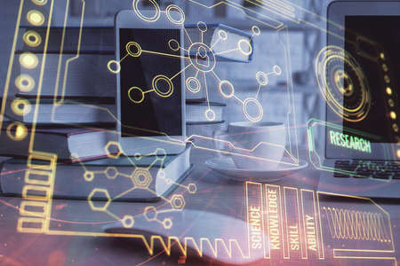 Double exposure of data theme drawing and mobile phone background. Concept of innovation