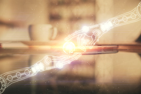 Double exposure of Ai data theme drawing over coffee cup background in office.の写真素材
