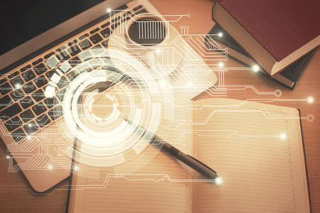 Multi exposure of data theme drawing hologram over topview work desk background with computer....