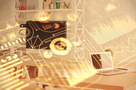Double exposure of tech theme drawings and office interior background. Technology concept.