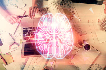 Double exposure of man and woman working together and brain drawing hologram. Intellectual...