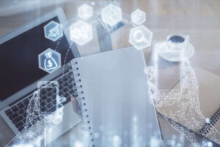 Double exposure of woman hands typing on computer and technology theme drawing. High Tech concept.