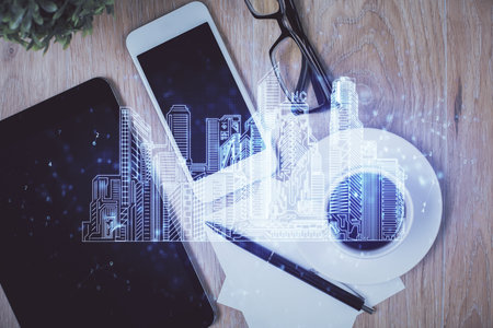 Multi exposure of smart city technology drawing over table with phone. Top view.の写真素材