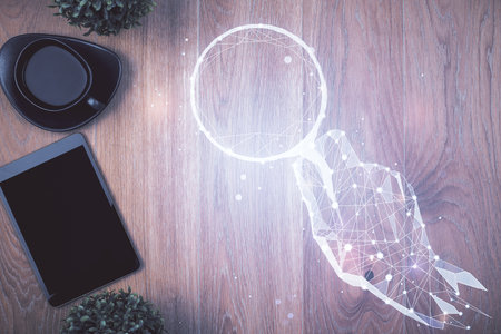 Multi exposure of creative drawing over table with phone. Top view. Concept of startup.の写真素材