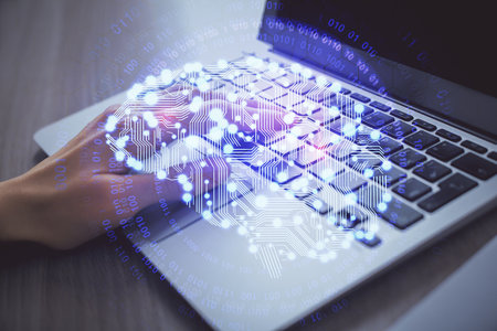 Multi exposure of woman hands working on computer and brain hologram drawing. Ai concept.
