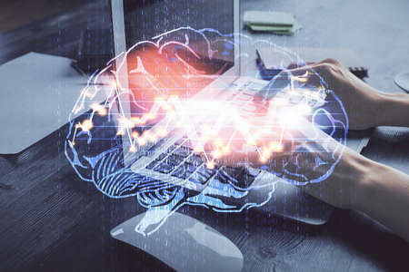 Multi exposure of woman hands working on computer and brain hologram drawing. Ai concept.