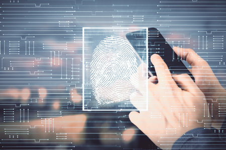 Double exposure of man's hands holding and using a digital device and fingerprint hologram drawing. Security concept.の写真素材