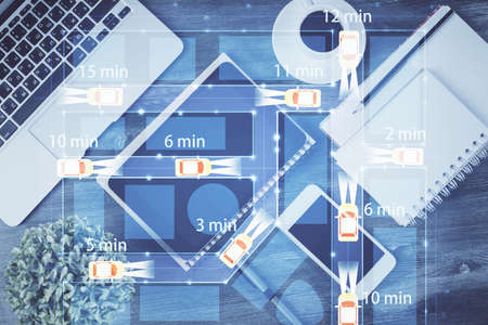 Multi exposure of auto technology theme drawing over table with phone. Top view. Concept of...