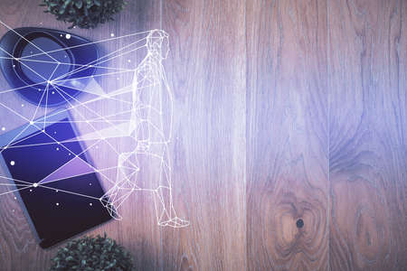 Multi exposure of creative drawing over table with phone. Top view. Concept of startup.