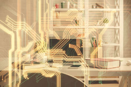 Double exposure of tech theme drawings and office interior background. Technology concept.