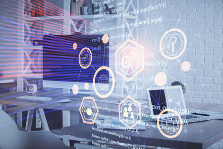 Multi exposure of data theme drawing and office interior background. Concept of technology.