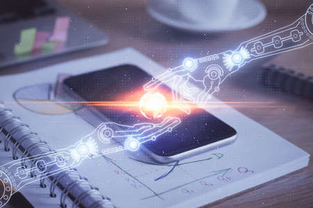 Double exposure of data theme drawing and mobile phone background. Concept of innovation