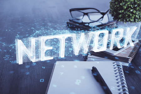 Double exposure of data theme drawing and mobile phone background. Concept of innovationの写真素材