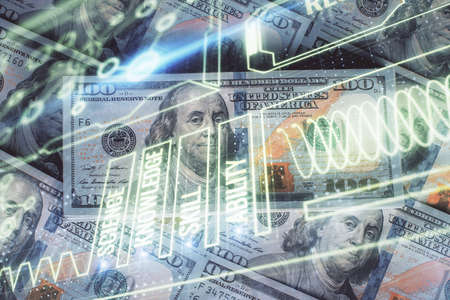 Double exposure of education theme drawing over usa dollars bill background. Concept of study.の写真素材