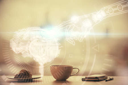 Double exposure of Ai data brain drawing over coffee cup background.