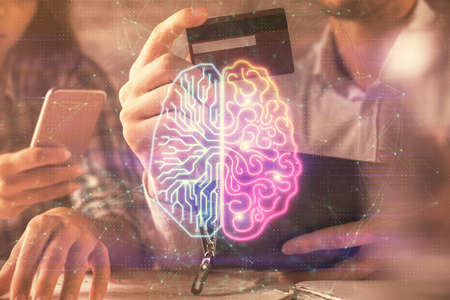 Double exposure of man and woman on-line shopping holding a credit card and brain hologram drawing....
