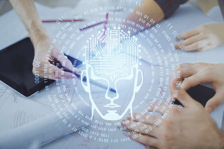 Double exposure of man and woman working together holding and using a mobile device and brain...
