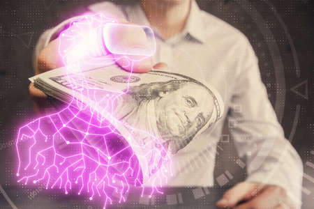 Multi exposure of vr glasses drawing hologram and USA dollars bills and man hands.