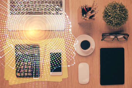 Multi exposure of brain drawing over work table desktop.の写真素材