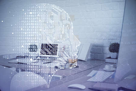 Double exposure of brain drawing and office interiorの写真素材