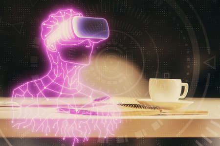 Double exposure of vr glasses drawing and desktop with coffee and items on table