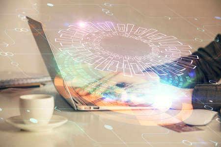 Multi exposure of woman hands working on computer and data theme hologram drawing.