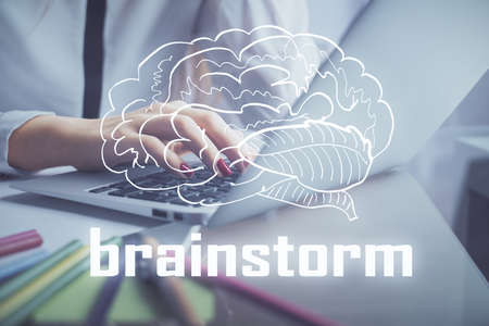 Double exposure of woman hands typing on computer and creative drawing. Start up concept.