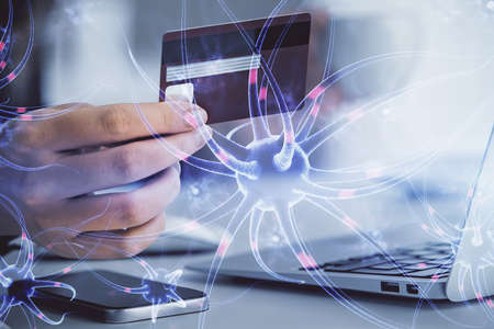 Multi exposure of woman on-line shopping holding a credit card and neuron drawing. E-learning concept.の写真素材