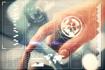 Multi exposure of man's hand holding and using a digital device and data theme drawing. Innovation concept.の写真素材