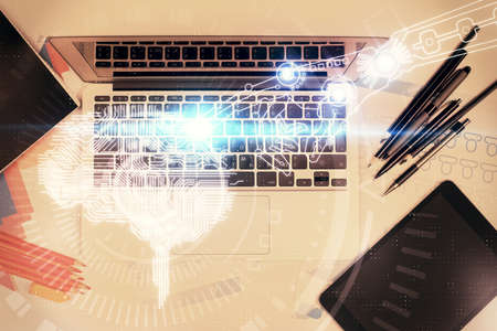 Multi exposure of brain sketch hologram over topview work table background with computer. Concept of big data.の写真素材