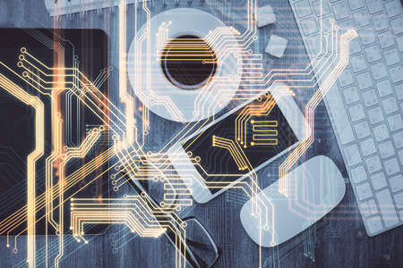 Multi exposure of technology theme drawing over table with phone. Top view. Concept of hightech.