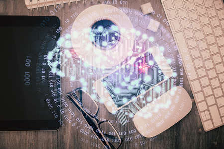 Double exposure of brain drawing over work table desktop. Top view. Global data analysis concept.