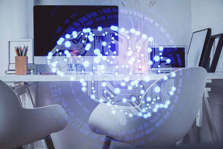 Double exposure of brain drawing and office interior background. Concept of data technology.