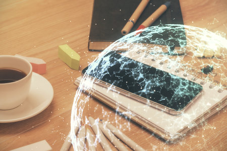 Double exposure of social network theme drawing and cell phone background. Concept of people connection over the worldの写真素材