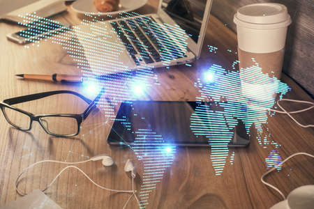 Double exposure of social network theme drawing and cell phone background. Concept of people...