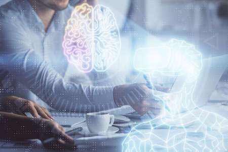 Double exposure of man and woman working together and human in ar, vr glasses hologram drawing....