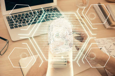 Multi exposure of fingerprint drawing hologram and USA dollars bills and man hands. security...