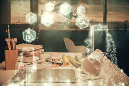 Double exposure of tech theme drawings and office interior background. Technology concept.