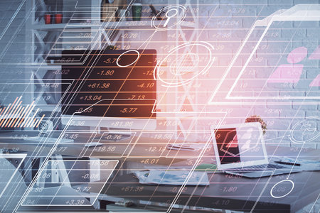 Multi exposure of data theme drawing and office interior background. Concept of technology.の写真素材