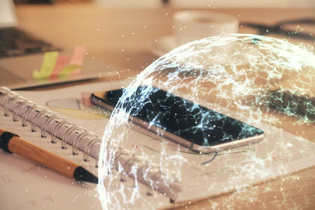 Double exposure of social network theme drawing and cell phone background. Concept of people...
