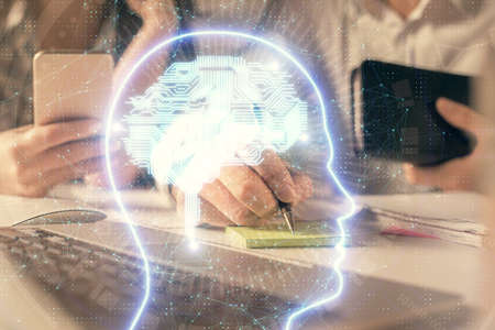 Double exposure of man and woman working together and brain drawing hologram. Intellectual brainstorming concept. Computer background.の写真素材