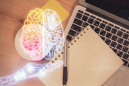 Multi exposure of brain sketch hologram over topview work table background with computer. Concept of...