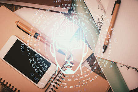 Double exposure of brain drawing over work table desktop. Top view. Global data analysis concept.の写真素材