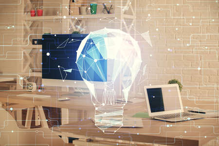 Double exposure of bulb and office interior background. Concept of idea.の写真素材