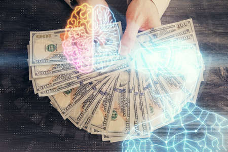 Multi exposure of vr glasses drawing hologram and USA dollars bills and man hands.