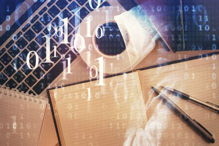 Multi exposure of data theme drawing hologram over topview work desk background with computer....