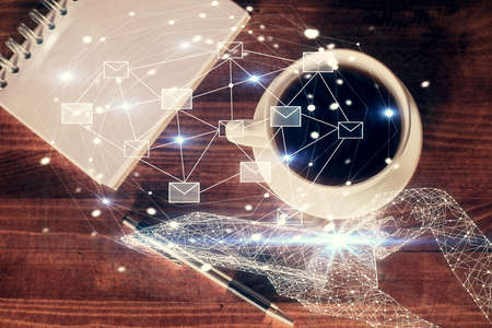 Double exposure of flying envelops and work table top veiw. Concept of people connection.の写真素材