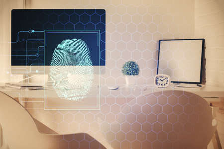 Double exposure of finger print and office interior background. Concept of security.