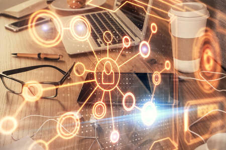 Double exposure of social network theme drawing and cell phone background. Concept of people...