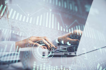 Double exposure of woman hands typing on computer and technology theme drawing. High Tech concept.
